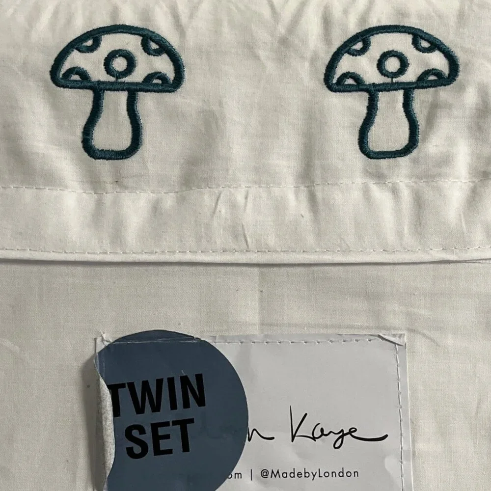 London Kaye Twin Sheet Set Green Mushroom Embroidered White Cotton 70s Retro‎